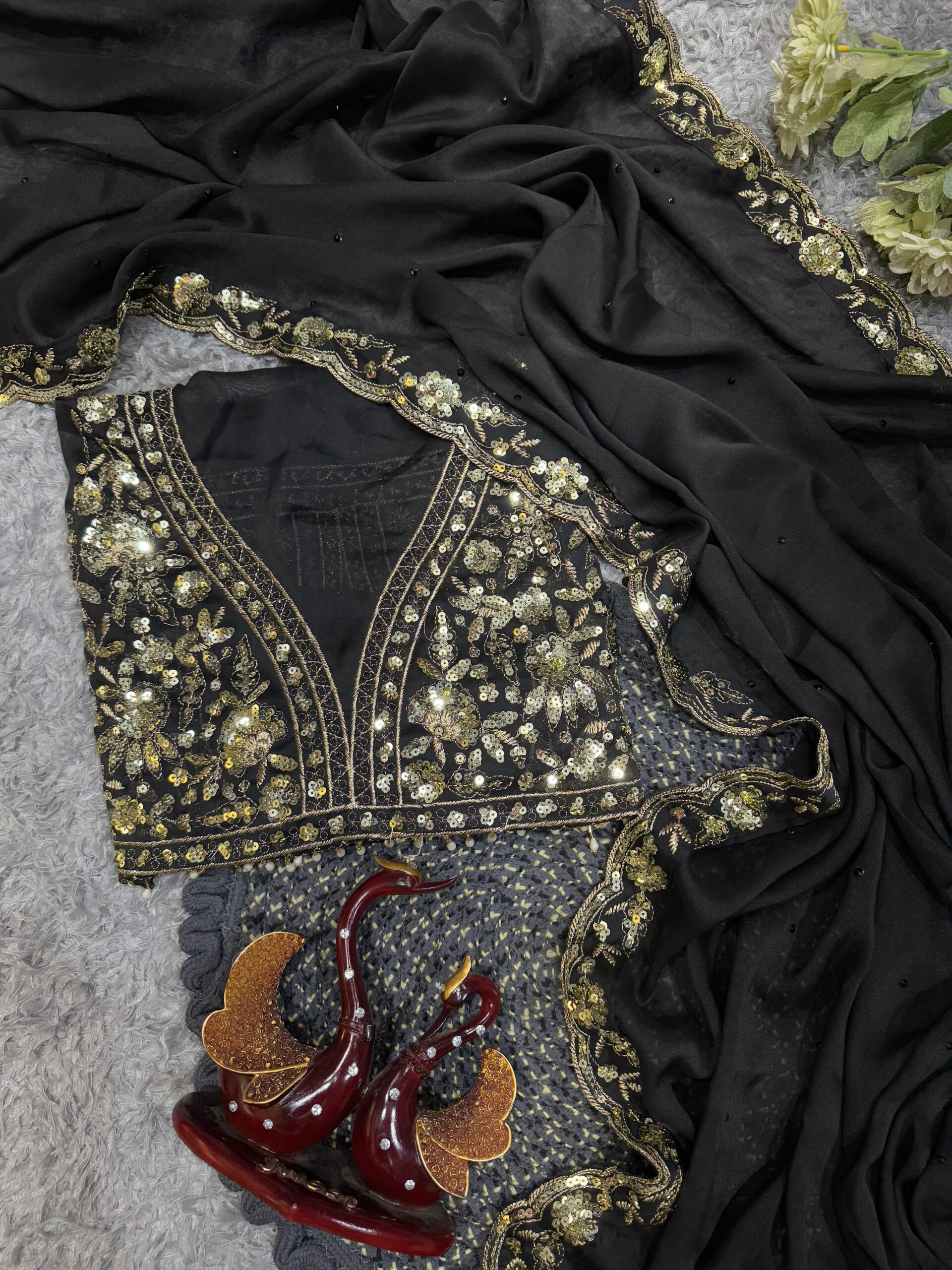 Women's Elegant Black Georgette/Chiffon Saree with Intricate Gold & Silver Embellished Border – Paired with Heavy Sequin & Zari Work Blouse for Festive & Wedding Wear - Image 7
