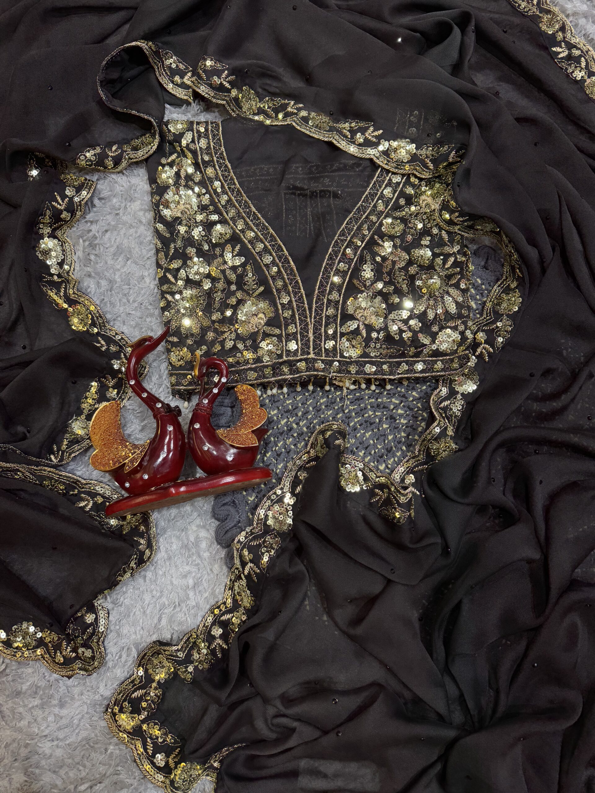 Women's Elegant Black Georgette/Chiffon Saree with Intricate Gold & Silver Embellished Border – Paired with Heavy Sequin & Zari Work Blouse for Festive & Wedding Wear - Image 3