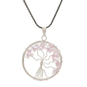 Rose Quartz Pendant Tree of Life Crystal Stone Pendant Locket with Metal Chain for Healing Crystal Healing Gemstone Size 35-40 mm rose quarts