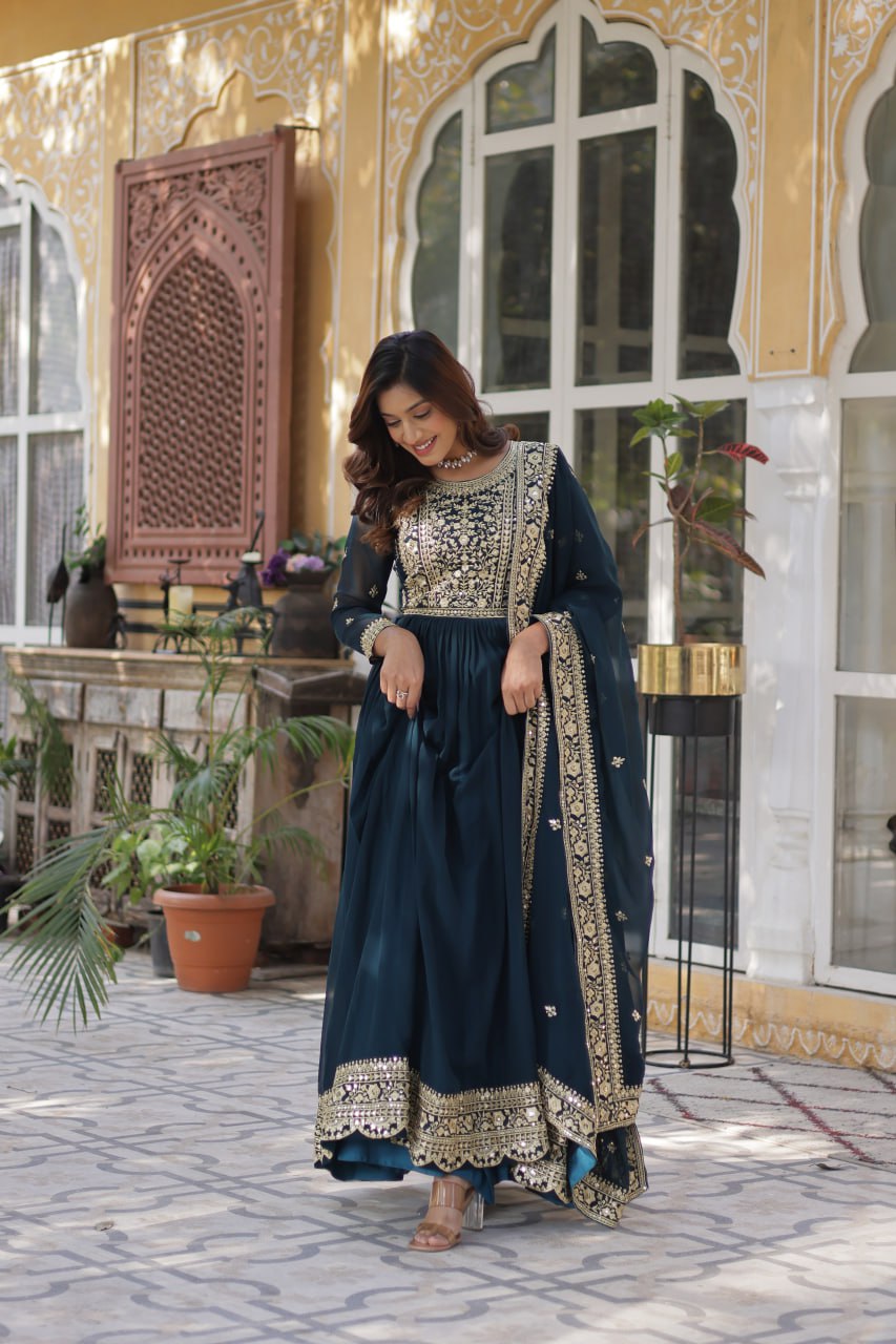 Women's Cotton Embroidered Anarkali Gown with Dupatta - Image 4