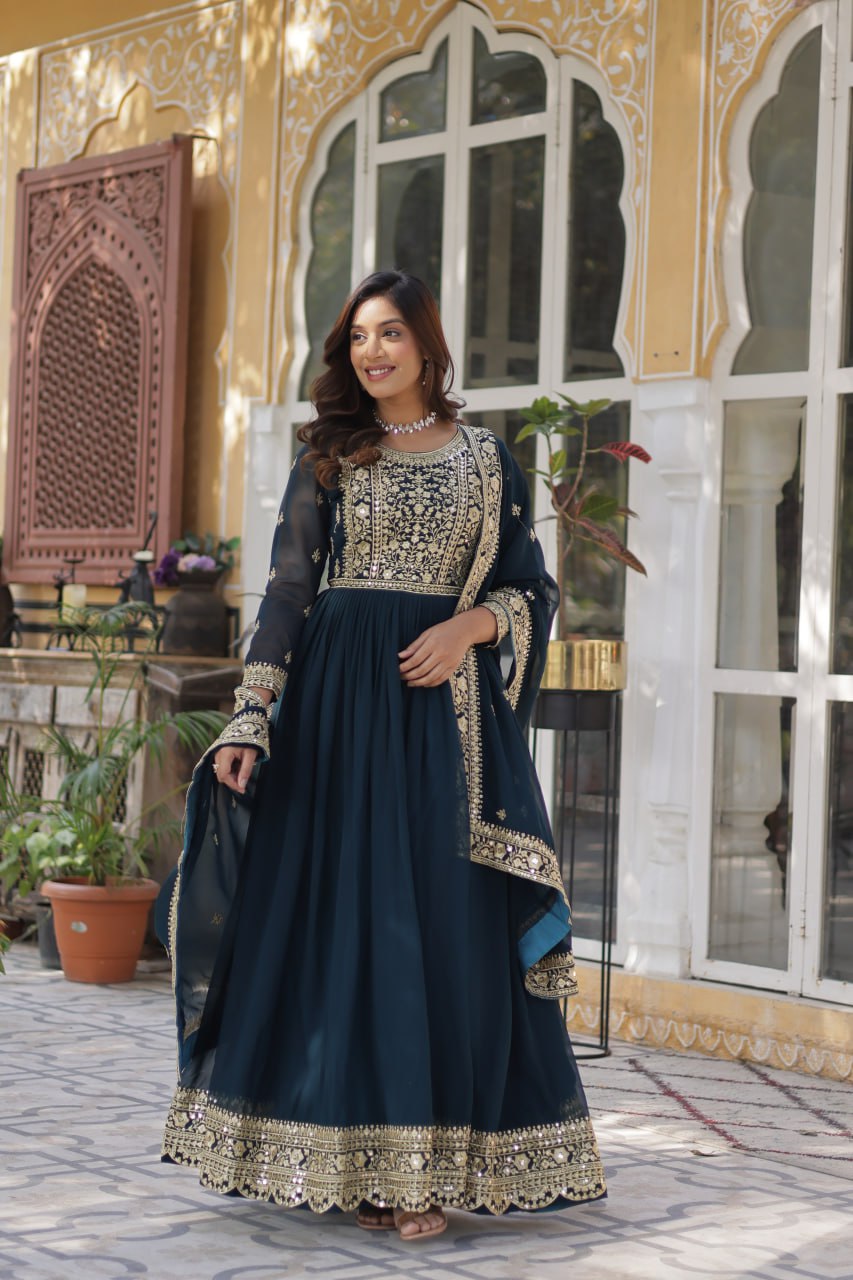 Women's Cotton Embroidered Anarkali Gown with Dupatta