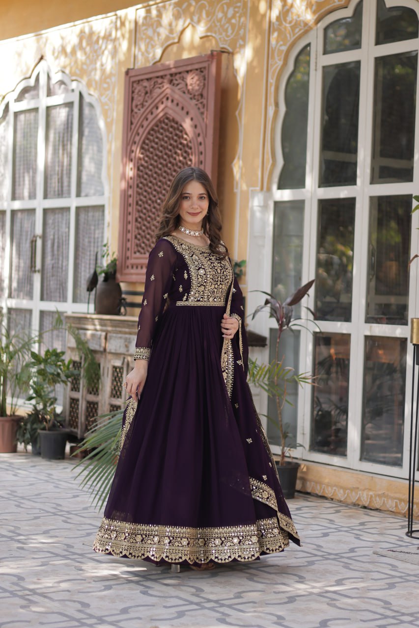 Women's Cotton Embroidered Anarkali Gown with Dupatta - Image 20