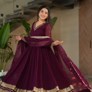 Women's Cotton Embroidered Anarkali Gown with Dupatta – Maroon Festive Wear Set
